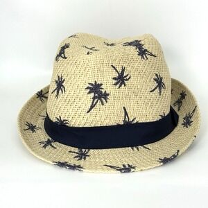 H&M Kids Straw Trilby Fedora Hat Palm Tree Print Tan Black Band 7/12 Summer Beac